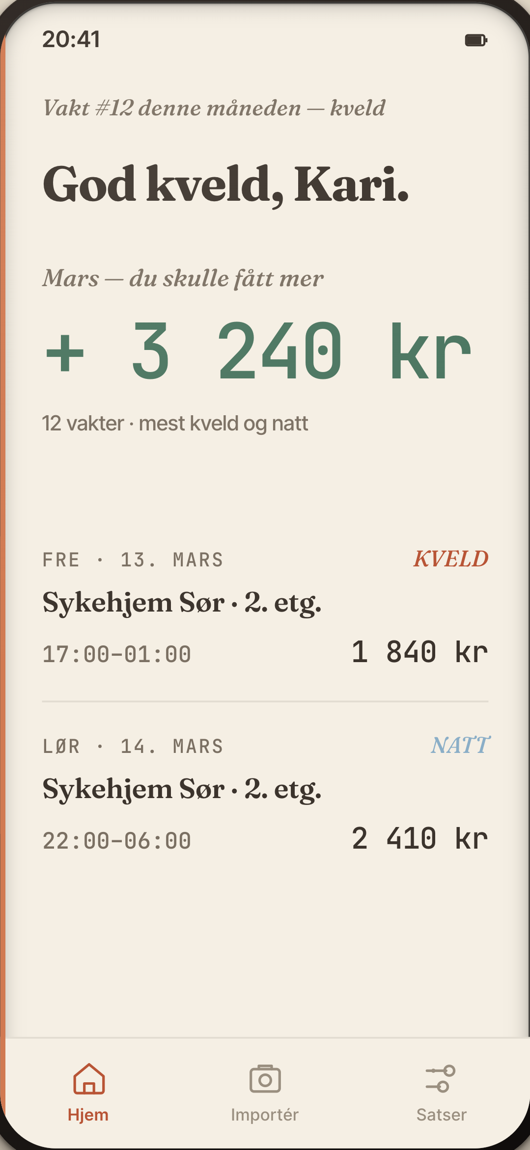 ShiftPay dashboard som viser månedens vakter, total timer og forskjell mot forventet lønn