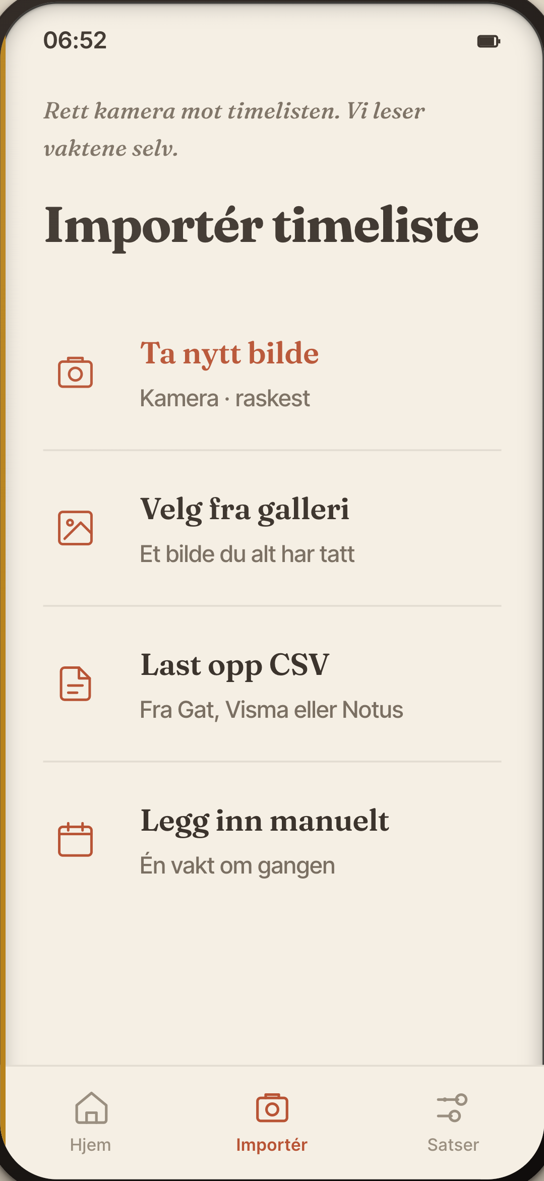 Import-skjerm der brukeren tar bilde av timelisten for OCR-gjenkjenning