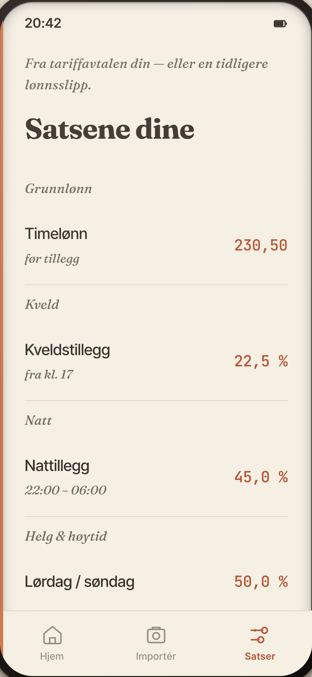 Innstillinger-skjerm der brukeren legger inn grunnlønn og prosenttillegg for kveld, natt, helg og høytid